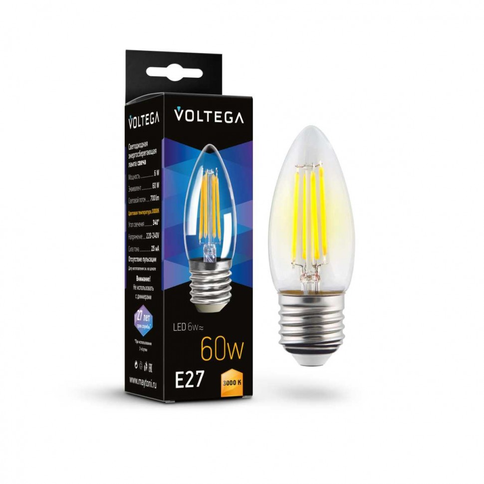 Лампа светодиодная Voltega E27 6W 3000K прозрачная 7208 фото 1 &mdash; svetrussia.ru