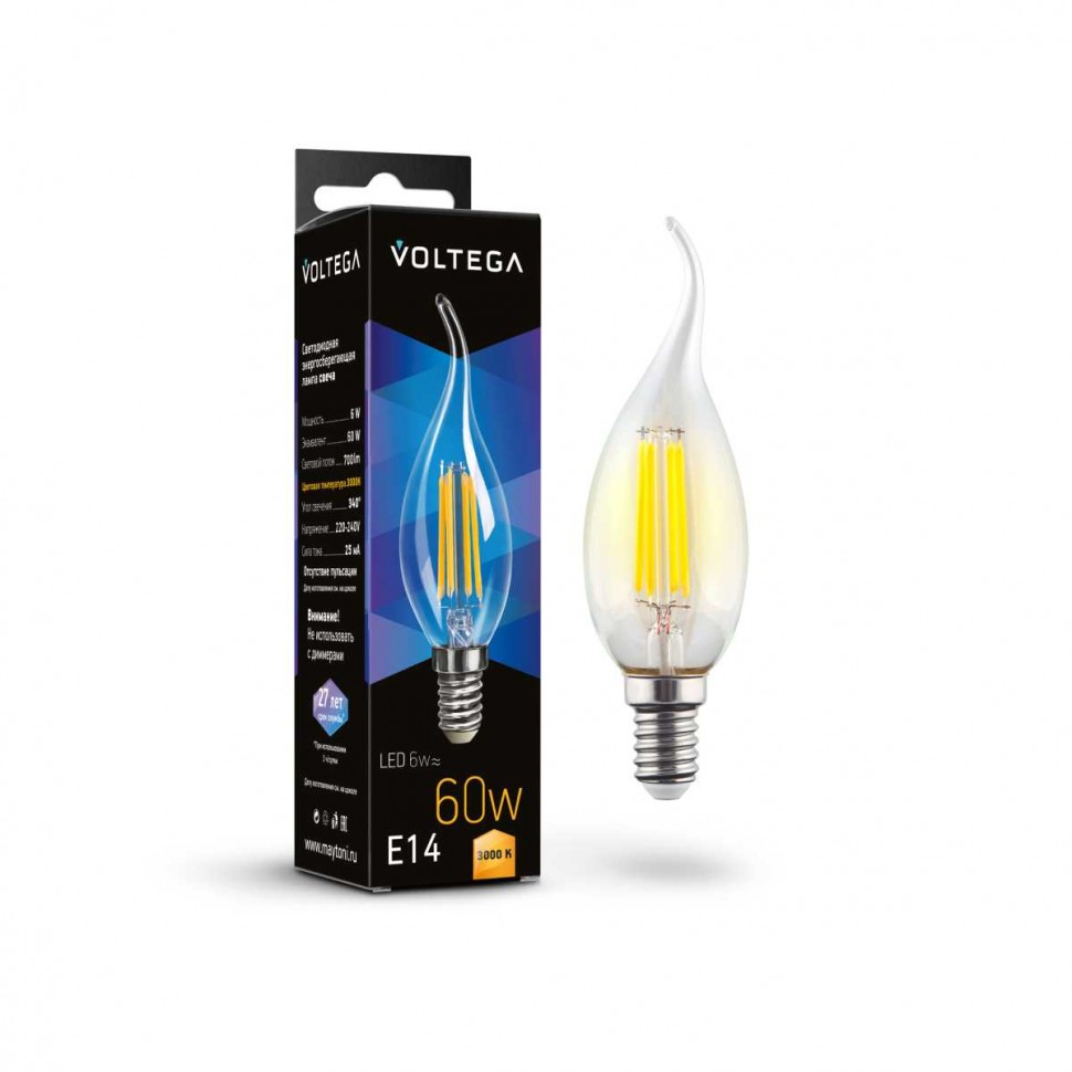 Лампа светодиодная Voltega E14 6W 3000K прозрачная 7209 фото 1 &mdash; svetrussia.ru